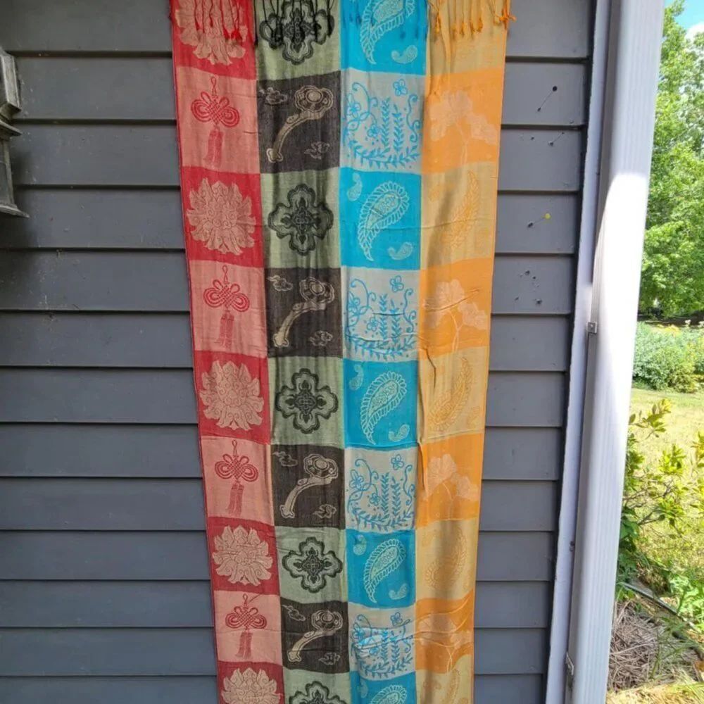 Gorgeous Patchwork Pashmina in Orange, Gold, Blue, Brown, Rust Cashmere silk